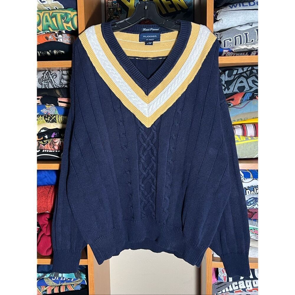 Vintage Rugger By Gant Cable Knit V Neck Preppy Sweater Hand Framed